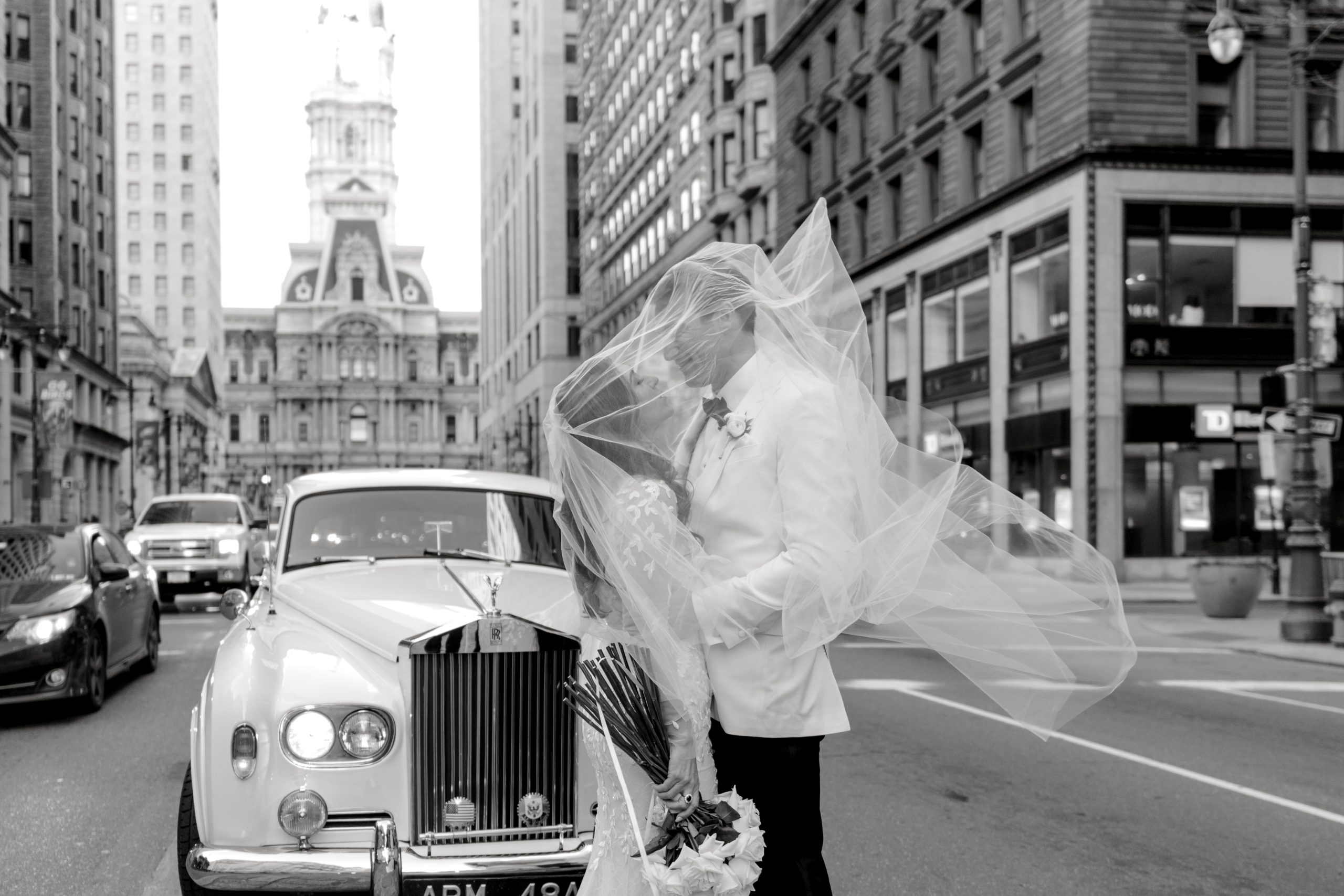 Bride & groom portrait on Broad St in Philadelphia